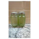 Pair of Vintage Ribbed Vaseline Uranium Glass Shakers with Metal Lids