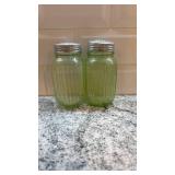 Pair of Vintage Ribbed Vaseline Uranium Glass Shakers with Metal Lids