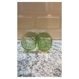Pair of Vintage Ribbed Vaseline Uranium Glass Shakers with Metal Lids