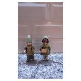 Set of 2 Vintage 4-Inch Porcelain Dolls with Green Outfits on Stands