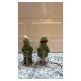 Set of 2 Vintage 4-Inch Porcelain Dolls with Green Outfits on Stands
