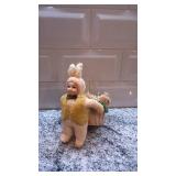 Vintage Spun Wool Bunny Figurine with Wicker Basket 5.5 x 3 Inches