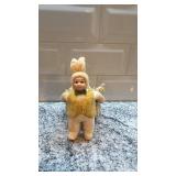 Vintage Spun Wool Bunny Figurine with Wicker Basket 5.5 x 3 Inches