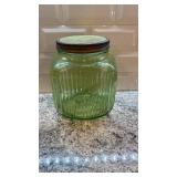 Vintage Ribbed Vaseline Uranium Glass Canister Jar