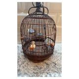 Antique Decorative Asian Style Birdcage with Porcelain Cups, 12x8 in