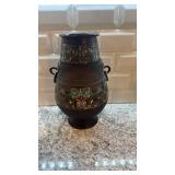 Decorative Asian Bronze Vase with Enamel Cloisonne Style Design, 12 Inch