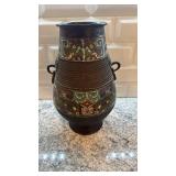 Decorative Asian Bronze Vase with Enamel Cloisonne Style Design, 12 Inch