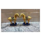 Pair of Ceramic Horse Figurines with Crazing on Blue Bases