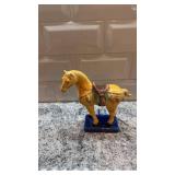 Pair of Ceramic Horse Figurines with Crazing on Blue Bases