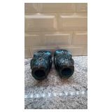 Pair of Nordel Ceramic Owl Figurines Blue Green 6.5x4 Inch