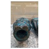 Pair of Nordel Ceramic Owl Figurines Blue Green 6.5x4 Inch