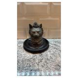 Vintage Cat Bust Inkwell on Wood Base 5.5 x 6 Inches