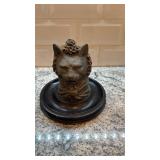 Vintage Cat Bust Inkwell on Wood Base 5.5 x 6 Inches
