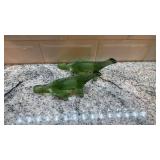 Pair of Lalique Green Glass Animal Figurines 6 x 2.5 Inches