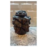 Antique Carved Wooden Tobacco Jar with Multiple Faces Motif