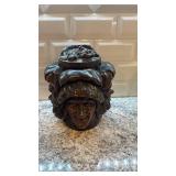 Antique Carved Wooden Tobacco Jar with Multiple Faces Motif