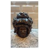 Antique Carved Wooden Tobacco Jar with Multiple Faces Motif