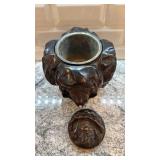 Antique Carved Wooden Tobacco Jar with Multiple Faces Motif
