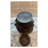 Antique Carved Wooden Tobacco Jar with Multiple Faces Motif