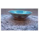 Antique Octagonal Asian Style Porcelain Bowl with Turquoise Interior and Hand-Painted Motifs