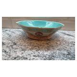 Antique Octagonal Asian Style Porcelain Bowl with Turquoise Interior and Hand-Painted Motifs