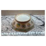Antique Octagonal Asian Style Porcelain Bowl with Turquoise Interior and Hand-Painted Motifs