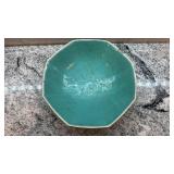 Antique Octagonal Asian Style Porcelain Bowl with Turquoise Interior and Hand-Painted Motifs