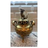 Brass Chinese Incense Burner with Dragon and Foo Dog Lid, 13 in x 10 in