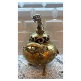 Brass Chinese Incense Burner with Dragon and Foo Dog Lid, 13 in x 10 in