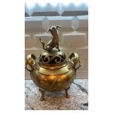Brass Chinese Incense Burner with Dragon and Foo Dog Lid, 13 in x 10 in