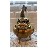 Brass Chinese Incense Burner with Dragon and Foo Dog Lid, 13 in x 10 in