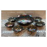 Vintage Carnival Glass Berry Bowl Set with Grape Pattern, 7 Pieces