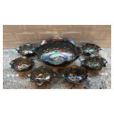Vintage Carnival Glass Berry Bowl Set with Grape Pattern, 7 Pieces