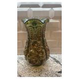 12-Inch Green Carnival Glass Vase with Embossed Floral Design