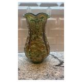 12-Inch Green Carnival Glass Vase with Embossed Floral Design