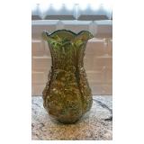 12-Inch Green Carnival Glass Vase with Embossed Floral Design