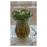 12-Inch Green Carnival Glass Vase with Embossed Floral Design