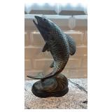 Metal Fish Sculpture on Wood Base, 14.5 Inch Tall