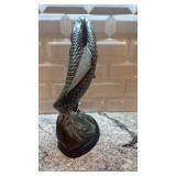 Metal Fish Sculpture on Wood Base, 14.5 Inch Tall