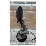 Metal Fish Sculpture on Wood Base, 14.5 Inch Tall