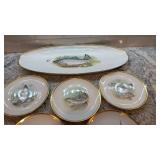Set of 12 Pasco Porcelain Fish Plates and Large Fish Platter with Gold Trim