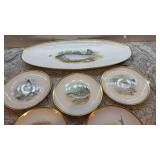 Set of 12 Pasco Porcelain Fish Plates and Large Fish Platter with Gold Trim