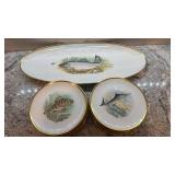 Set of 12 Pasco Porcelain Fish Plates and Large Fish Platter with Gold Trim