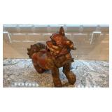 Antique Carved Wood Foo Dog Statue, 16x17 Inches