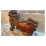 Antique Carved Wood Foo Dog Statue, 16x17 Inches