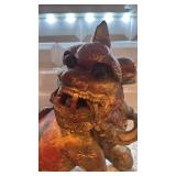 Antique Carved Wood Foo Dog Statue, 16x17 Inches