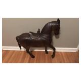 Large Hand-Carved Wooden Horse Sculpture with Saddle, 30.5 x 29 in
