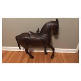 Large Hand-Carved Wooden Horse Sculpture with Saddle, 30.5 x 29 in