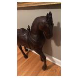 Large Hand-Carved Wooden Horse Sculpture with Saddle, 30.5 x 29 in