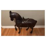 Large Hand-Carved Wooden Horse Sculpture with Saddle, 30.5 x 29 in